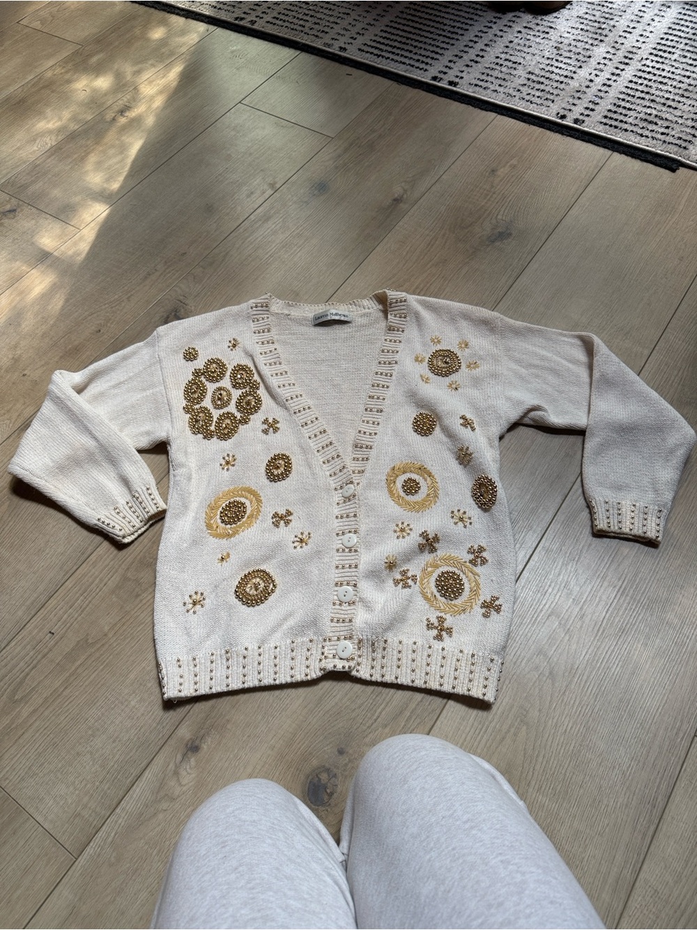 Beaded Embroidered Cream V-Neck Cardigan Sweater with Gold Floral Accents